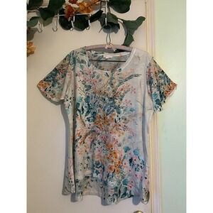 Concepts XL Floral Print Embellished Top Women's Shirt Tee Rhinestone Bling Casu